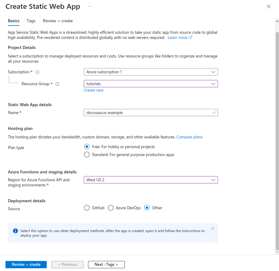 Create Static Web App form shows fields filled out as explained above