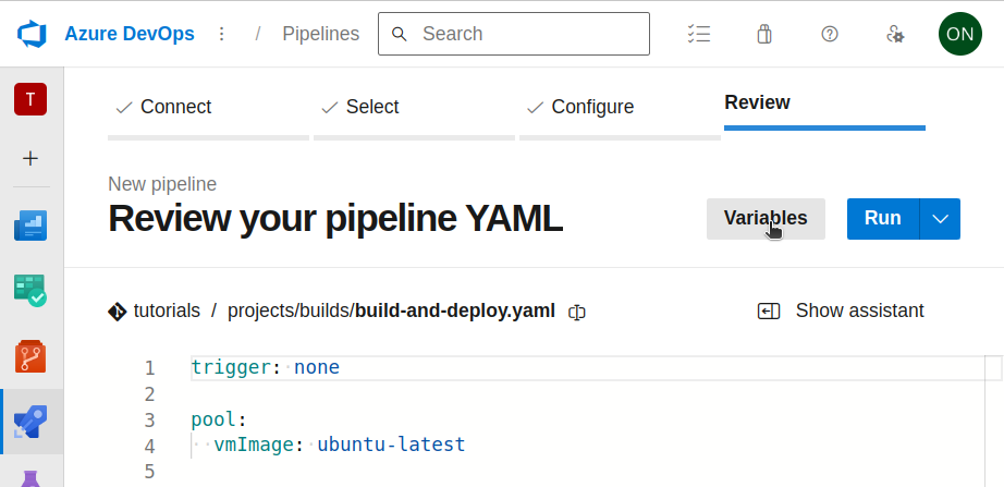 Azure DevOps has a variables button to add variables to a pipeline