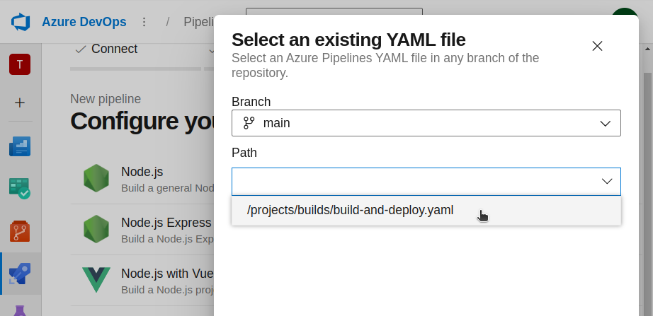 Selecting an existing YAML file by selecting the file from the repo