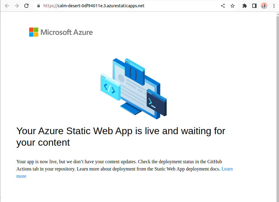 Newly deployed static web app indicates that the app is live and waiting for content