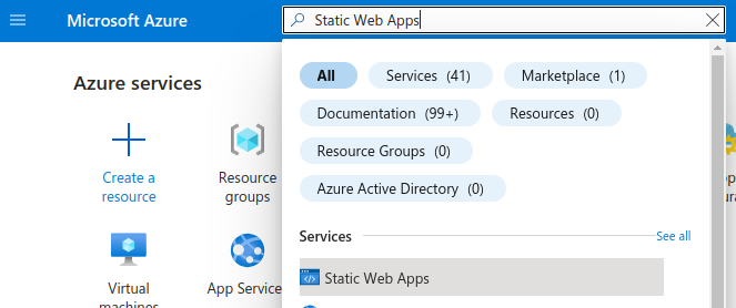 Searching for Static Web App in Azure Portal