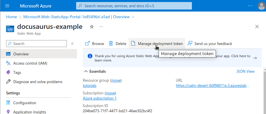 Static web app Overview in Azure Portal shows button to Manage deployment token