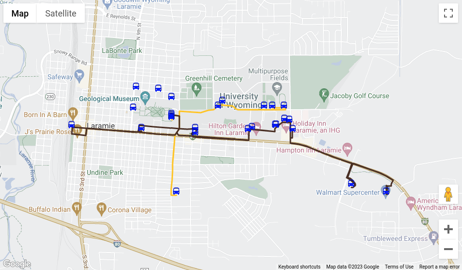 Google Maps API shows a map of Laramie, WY with two routes and several stops represented as blue buses
