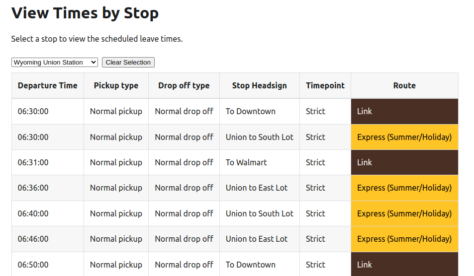Table shows stop times with each row showing departure time, pickup and drop off info, stop headsing, and more