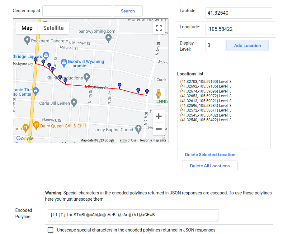 Google polyline utility shows a map with a few waypoints, a list of their coordinates, and an encoded polyline